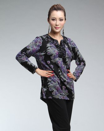 [ 菁夫人 ] 黑底紫色印花荷叶边长袖针织衫