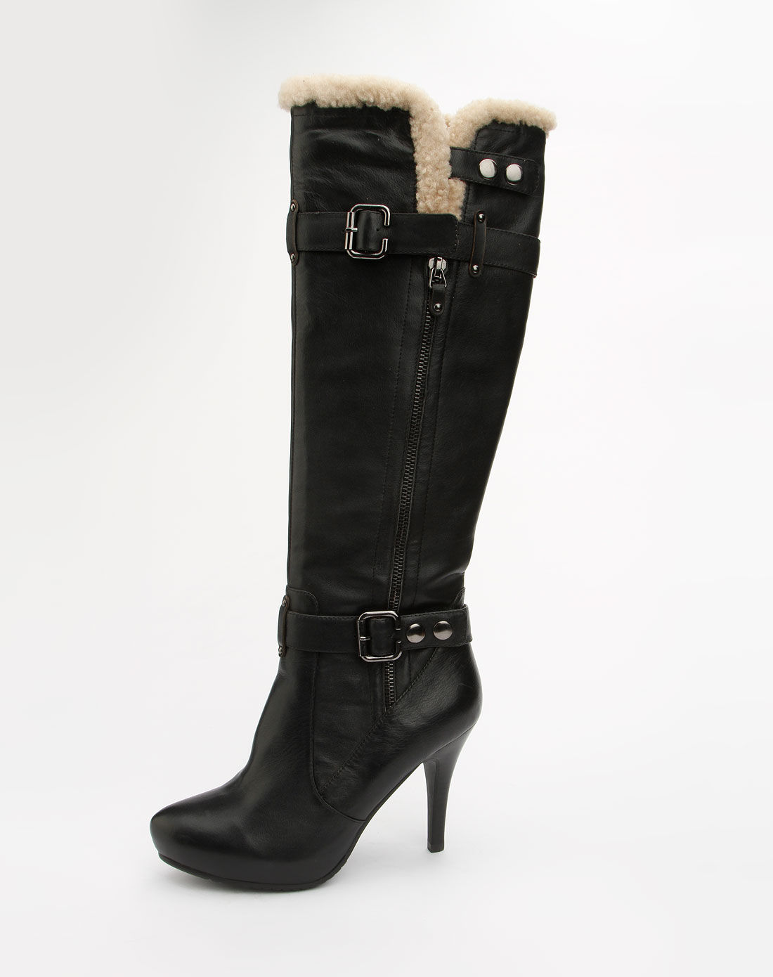 菲伯丽尔fbl女款黑色侧拉链高跟绒毛长靴fb14s9387111_唯品会