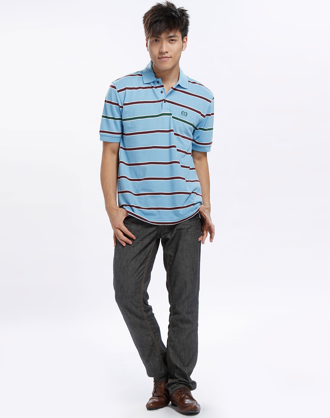 美国箭牌arrow天蓝色红绿条纹短袖针织t恤衫