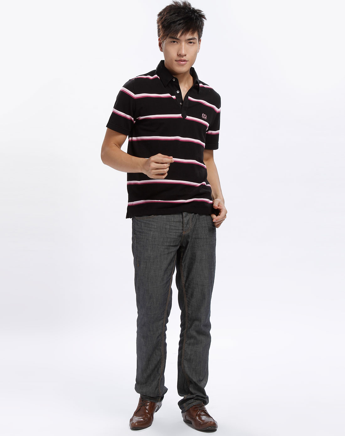 美国箭牌arrow黑色粉条纹短袖针织t恤衫