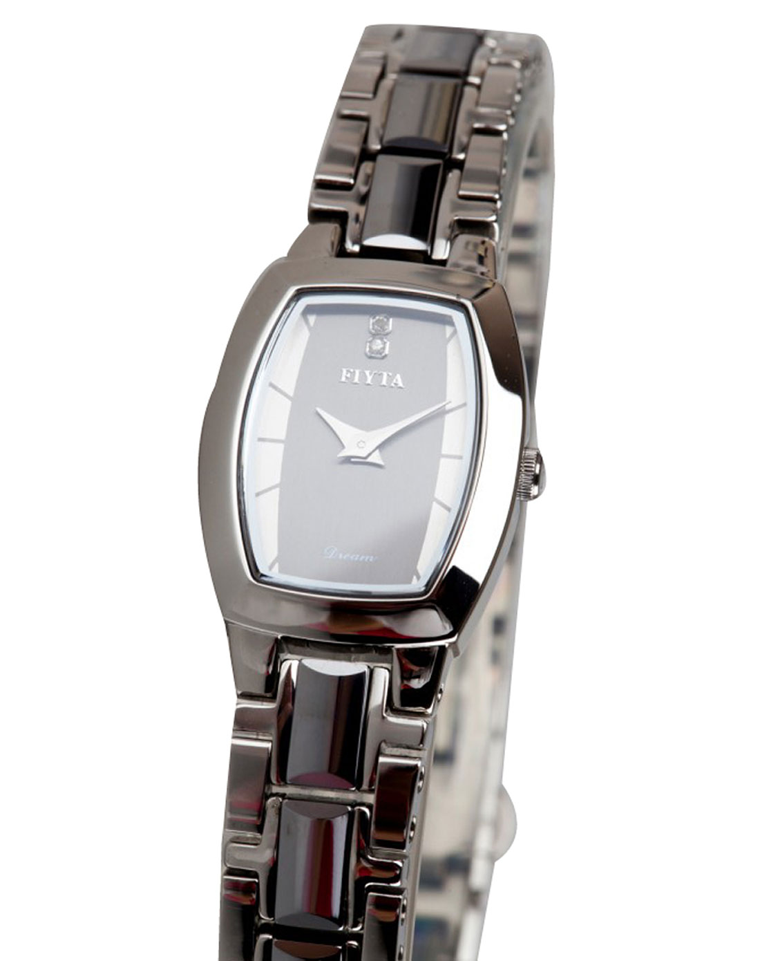 飞亚达fiyta女款灰银色蓝宝石水晶镜面酒桶形钢带石英表l929.