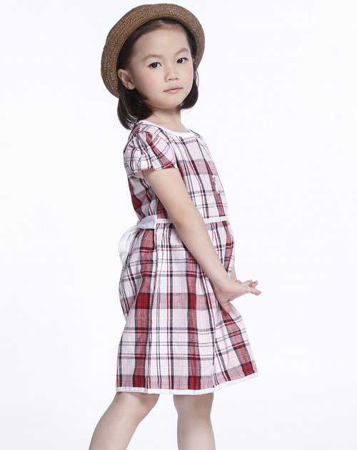 沐阳童sun love baby女童红色格子短袖连衣裙