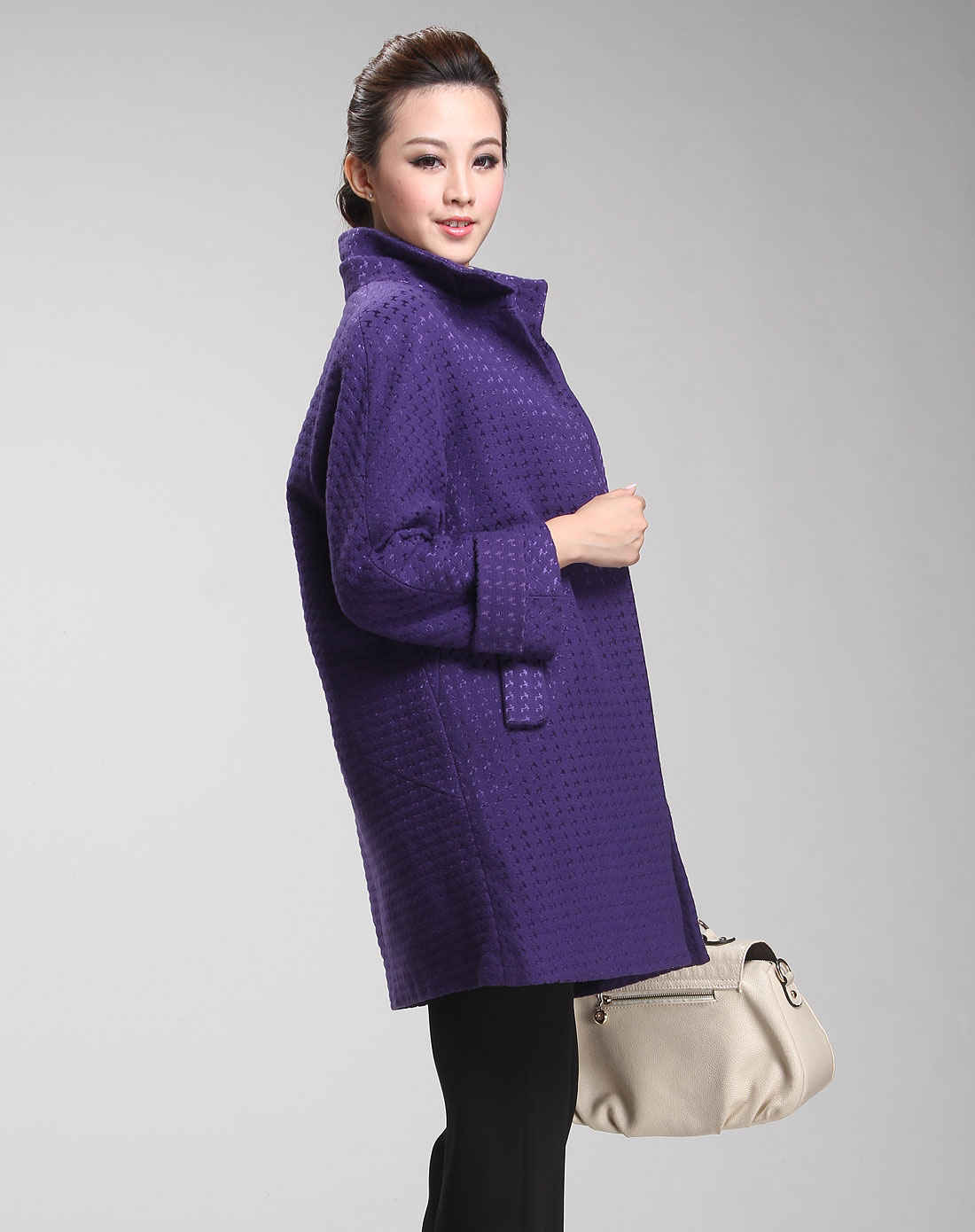 女款紫蓝色简约时尚长款长袖大衣