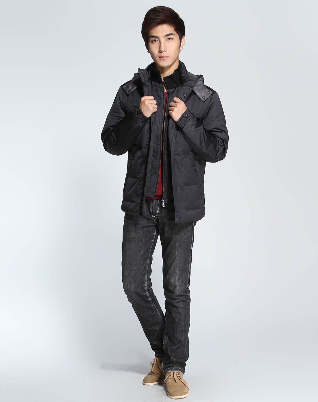 卡宾cabbeen urban黑色连帽休闲长袖羽绒服211314101501_唯品会