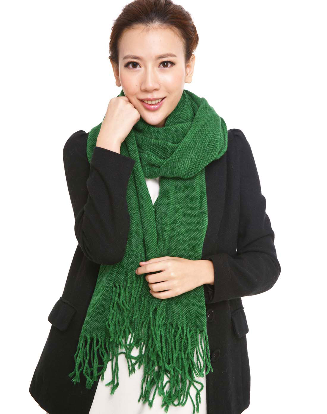 女款绿色笑忘书羊绒经典单色围巾