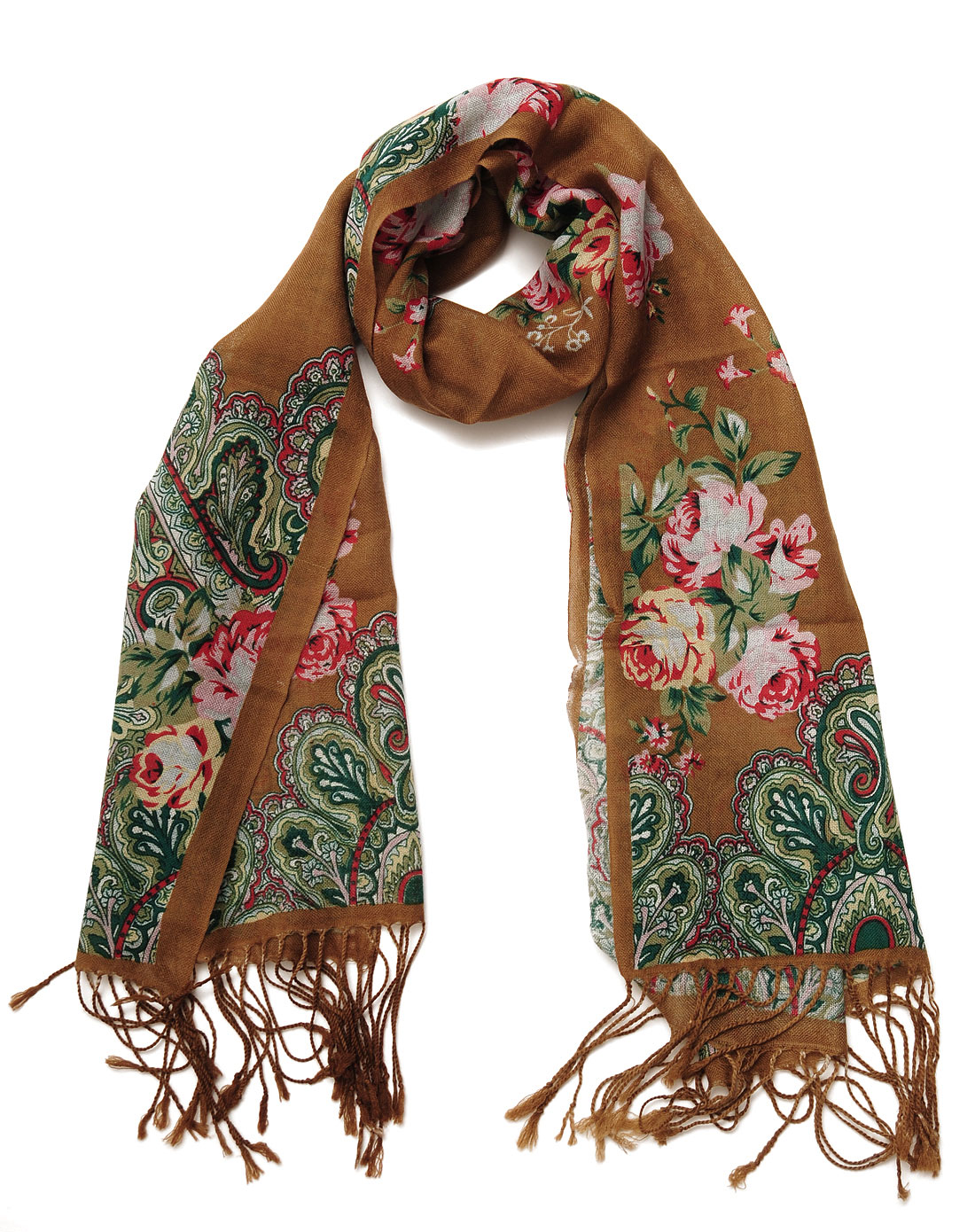 女款咖啡色/绿色富贵牡丹花围巾