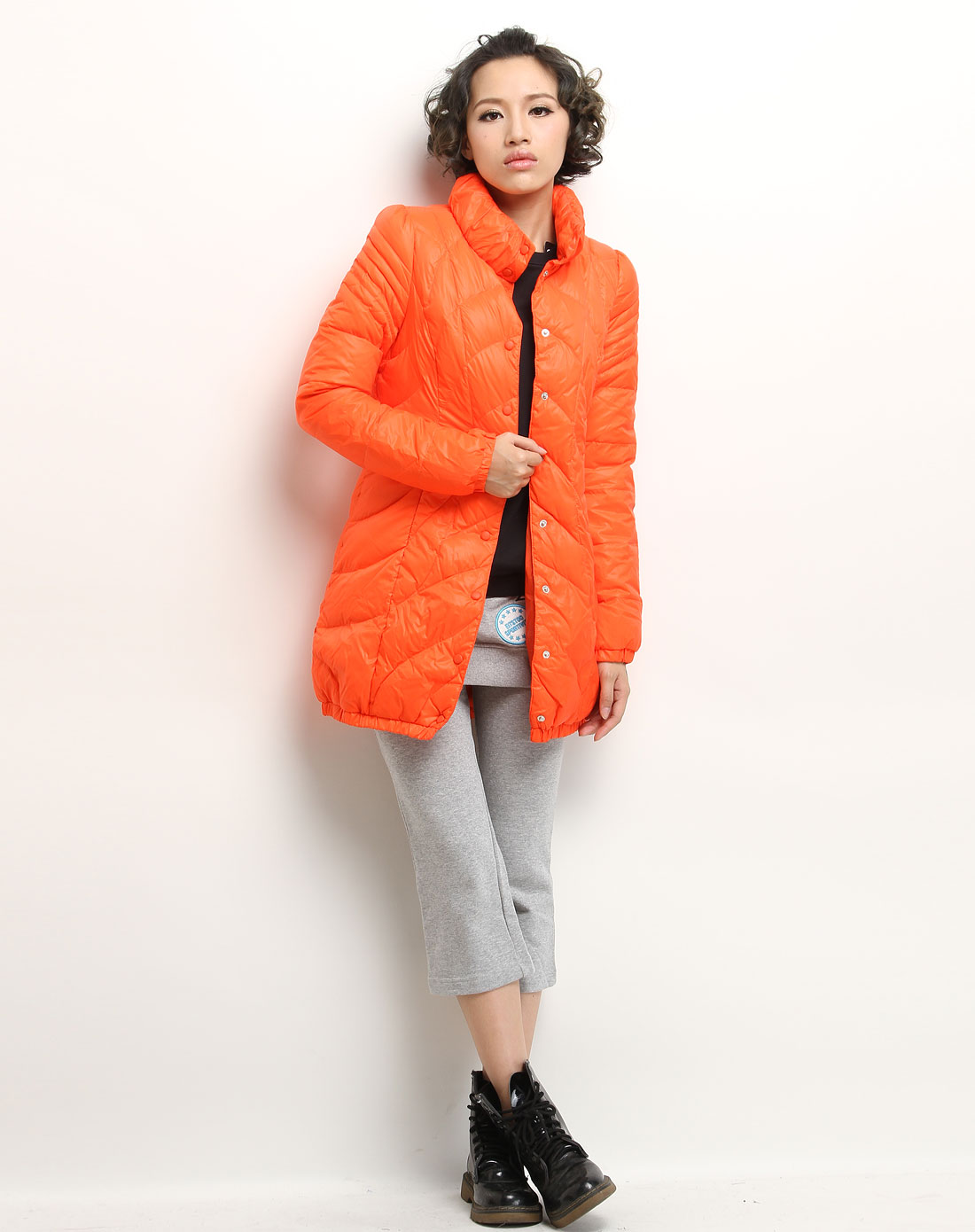爱居兔eichitoo女装专场-橙色简约中长款长袖羽绒服