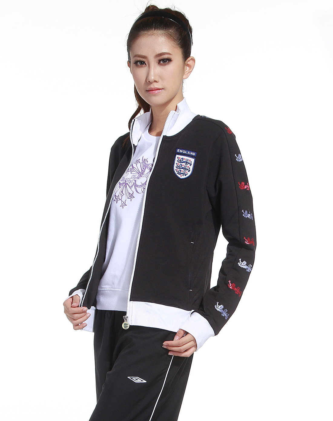 茵宝umbro女装专场黑/白色拉链长袖外套