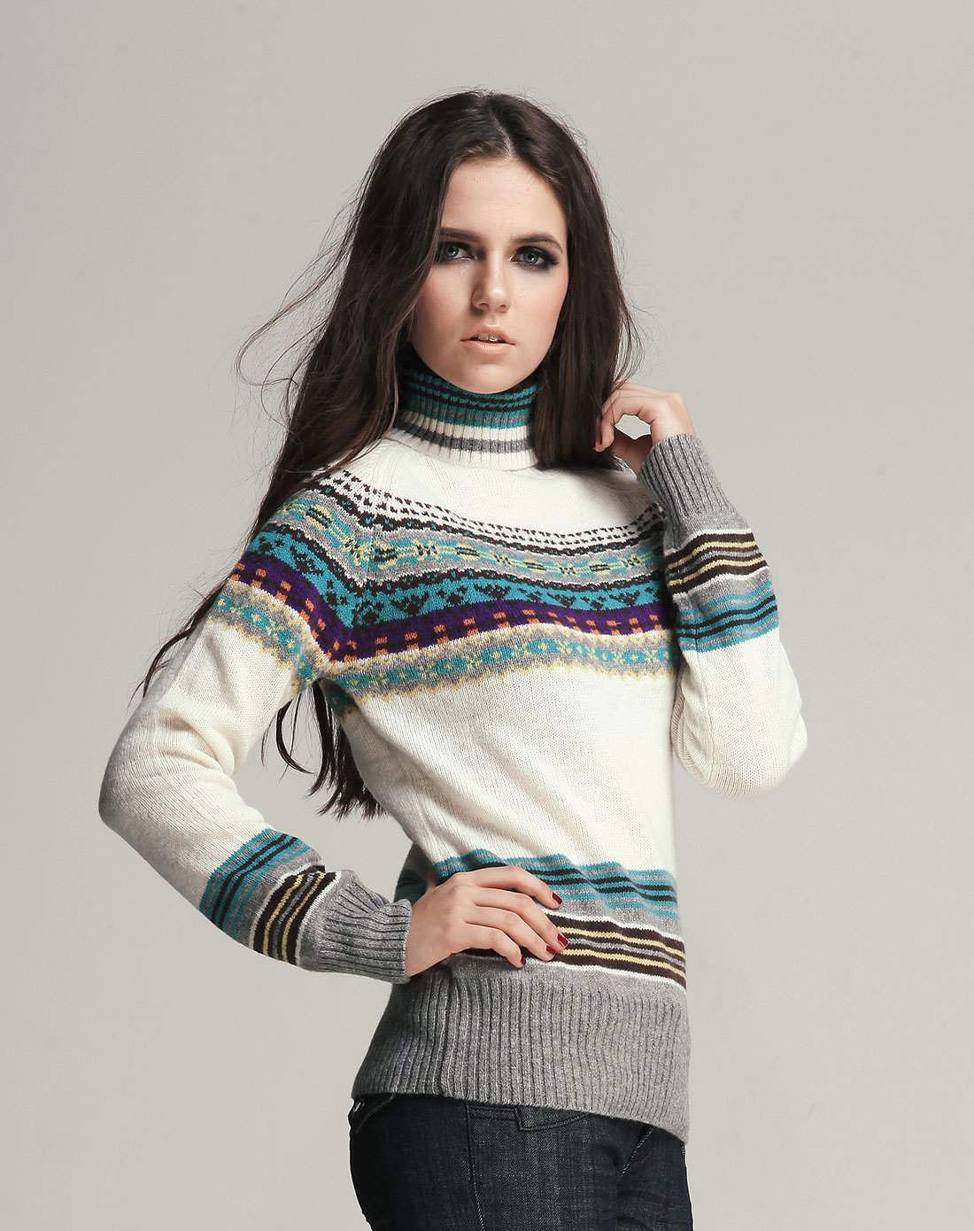 艾夫斯itisf4男女装女款深麻灰/白色时尚提花长袖毛衫20612333185