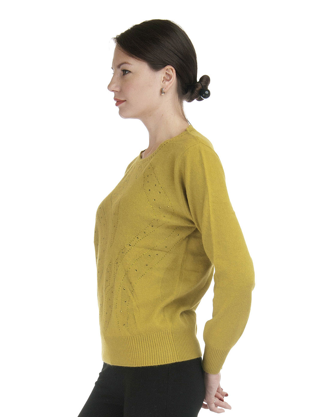 女款芥末色圆领树叶提花山羊绒套头衫