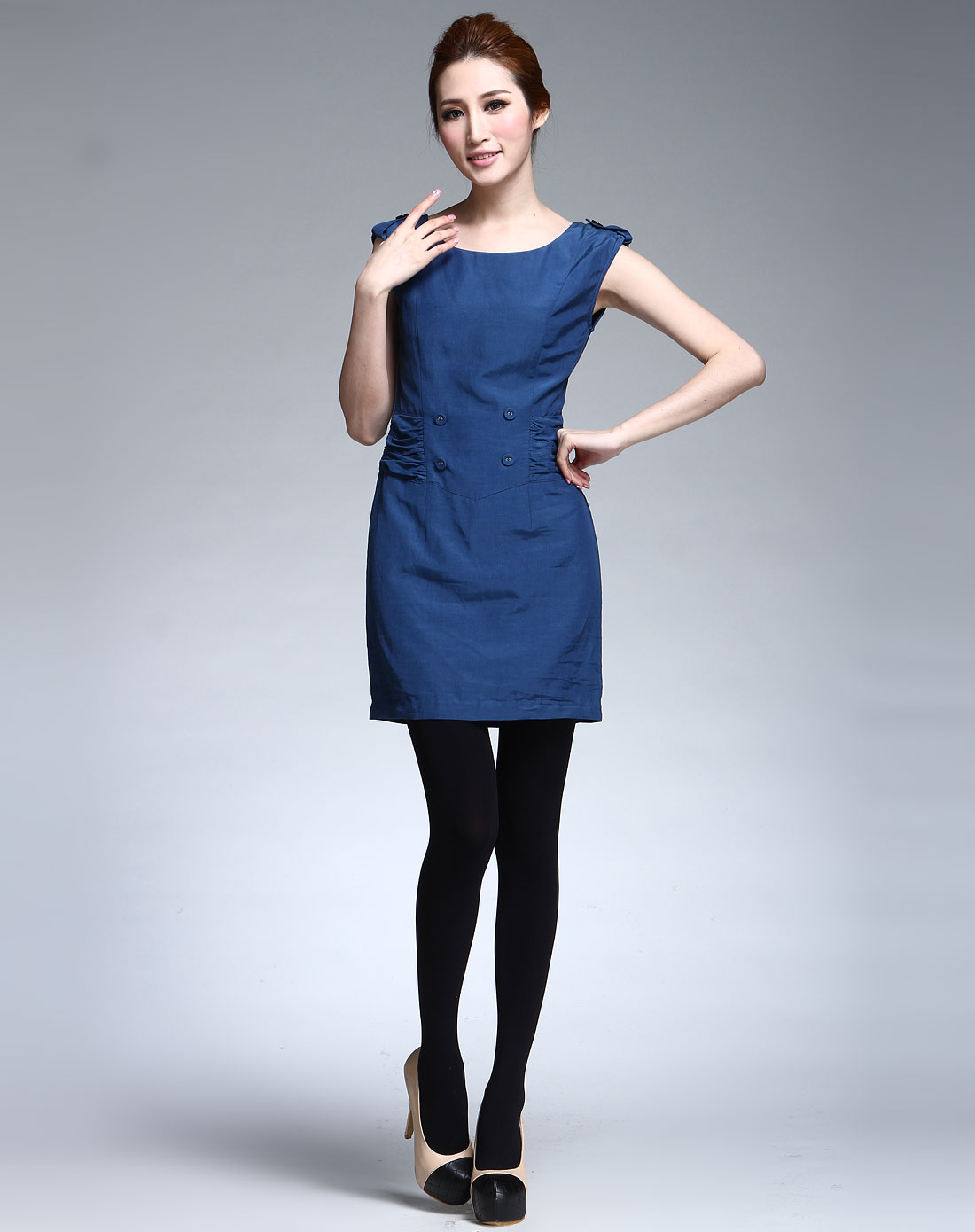[ elle ] 蓝色休闲简约短袖连衣裙