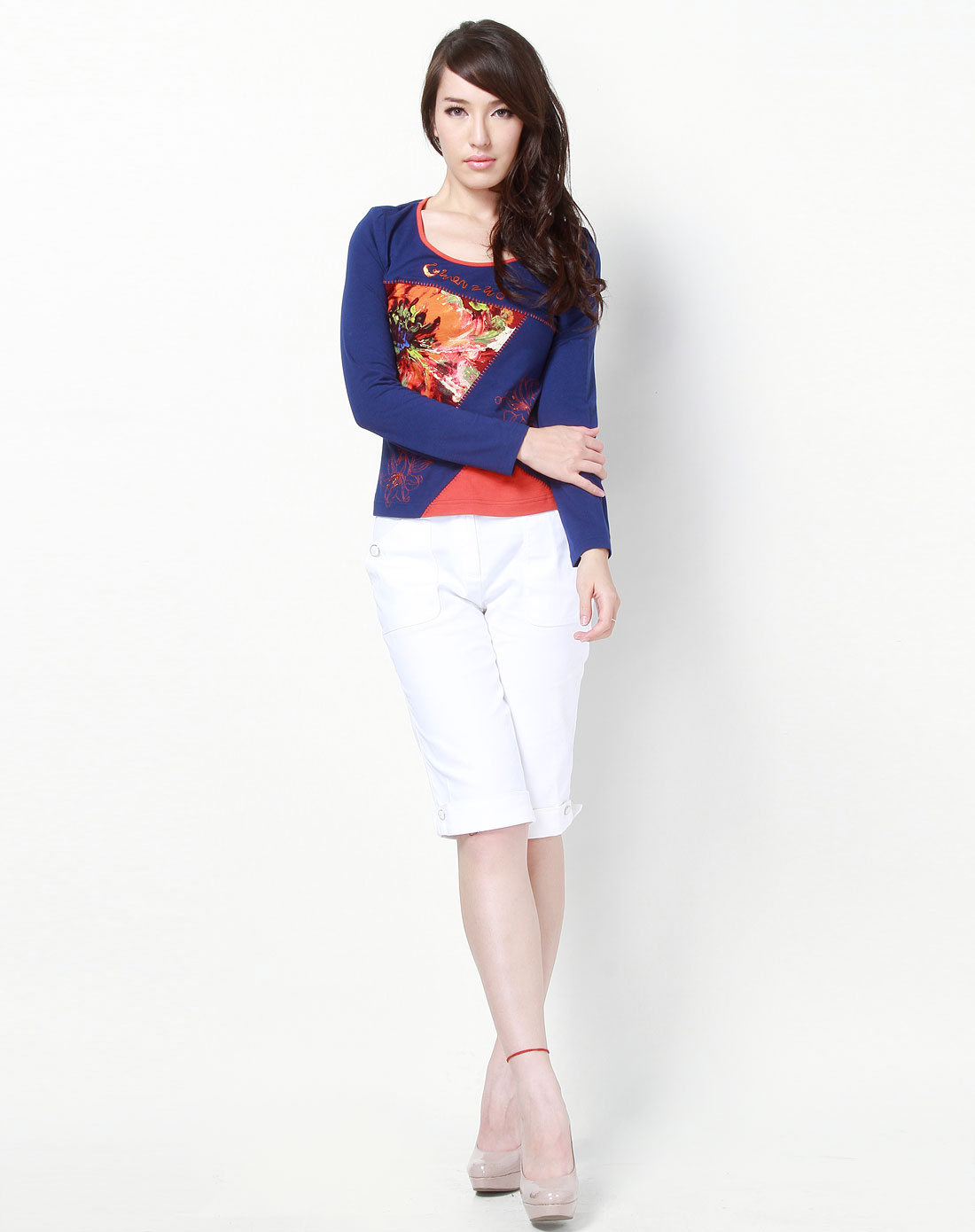 玖姿juzui 深蓝色/橙色印花圆领长袖上衣