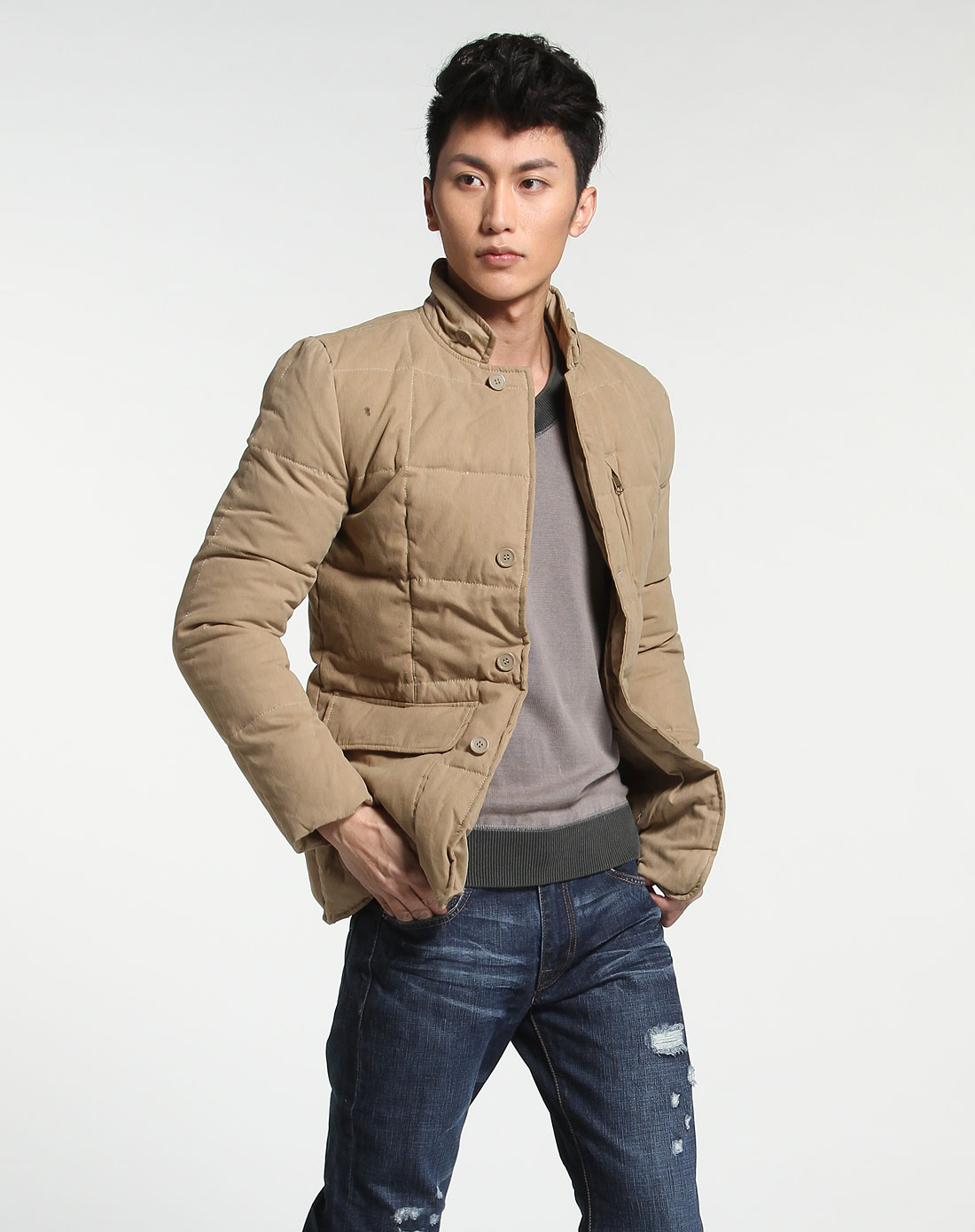 卡其绿色个性长袖羽绒服