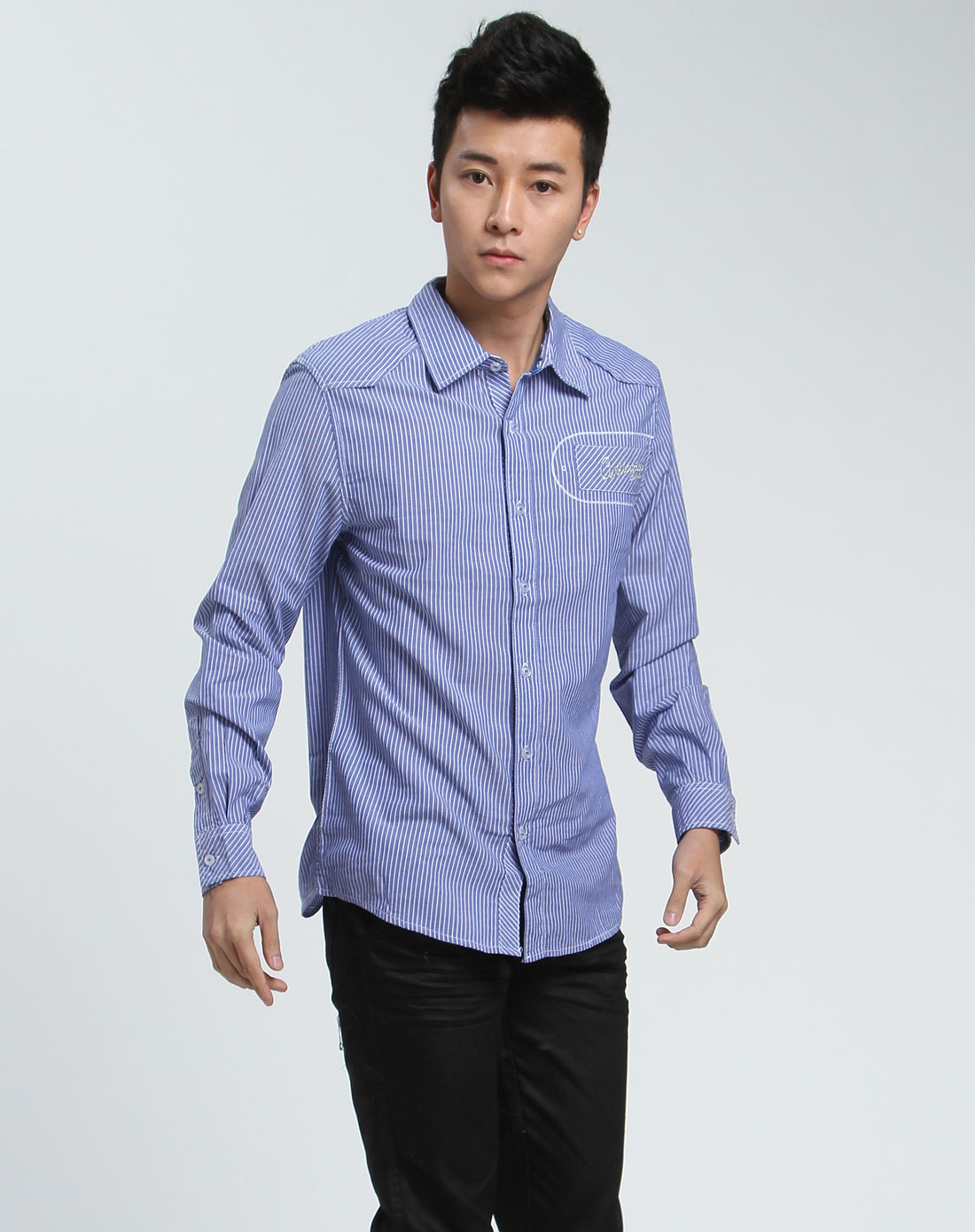 森马蓝色底白色条纹长袖衬衫081151507-0188_唯品会