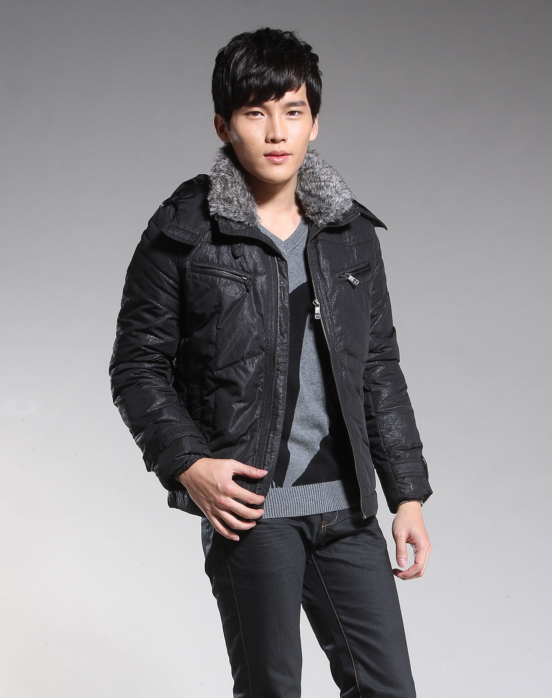 摩高mogao男装专场-黑色暗纹连帽长袖羽绒服