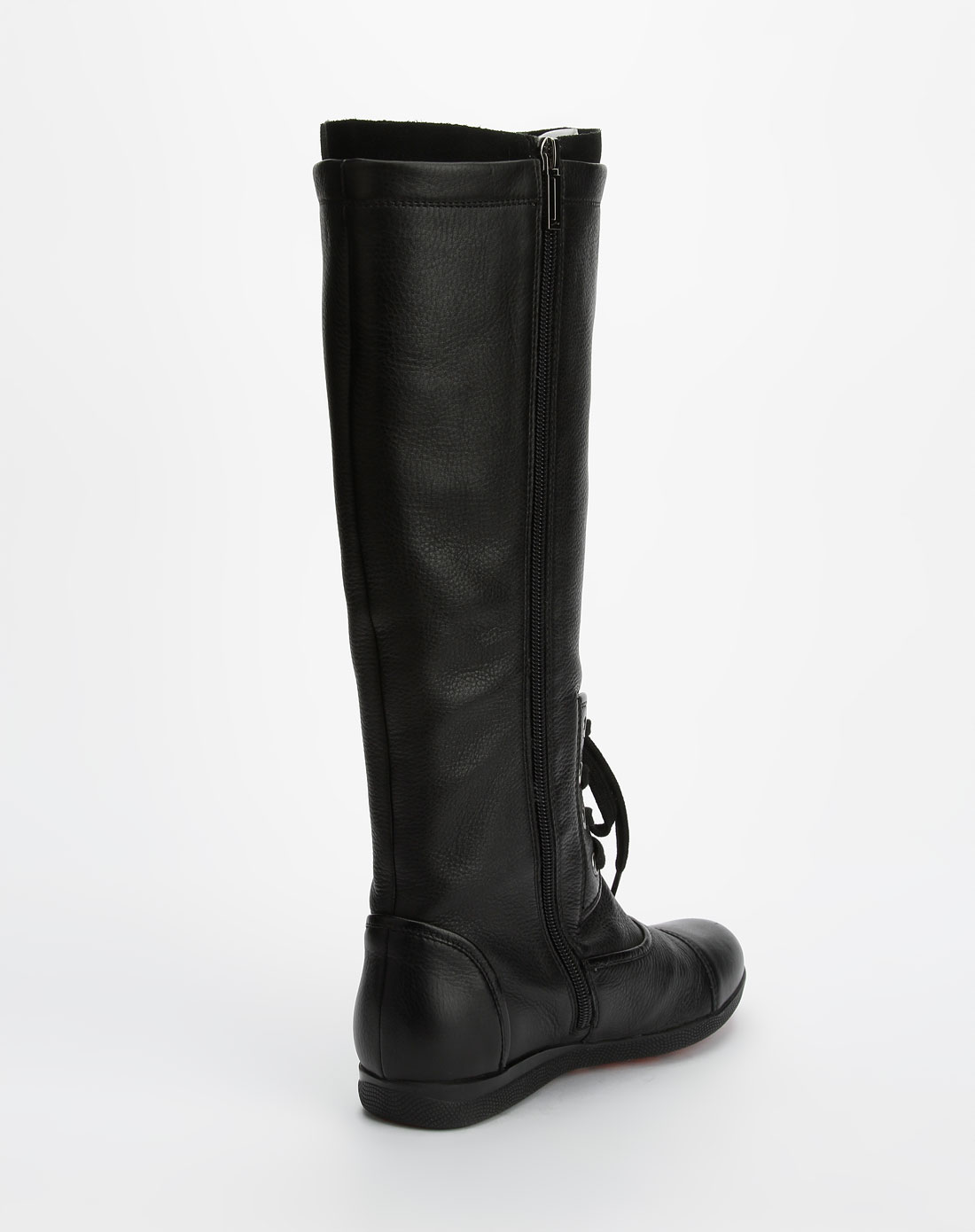 女款黑色系带简约平底长靴