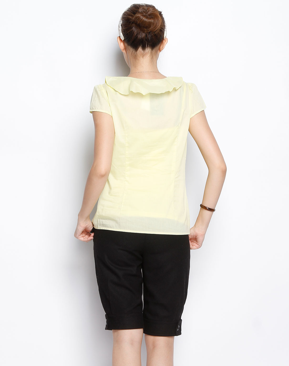 百图betu浅黄绿色荷叶领时尚短袖上衣102b070713y3_唯品会