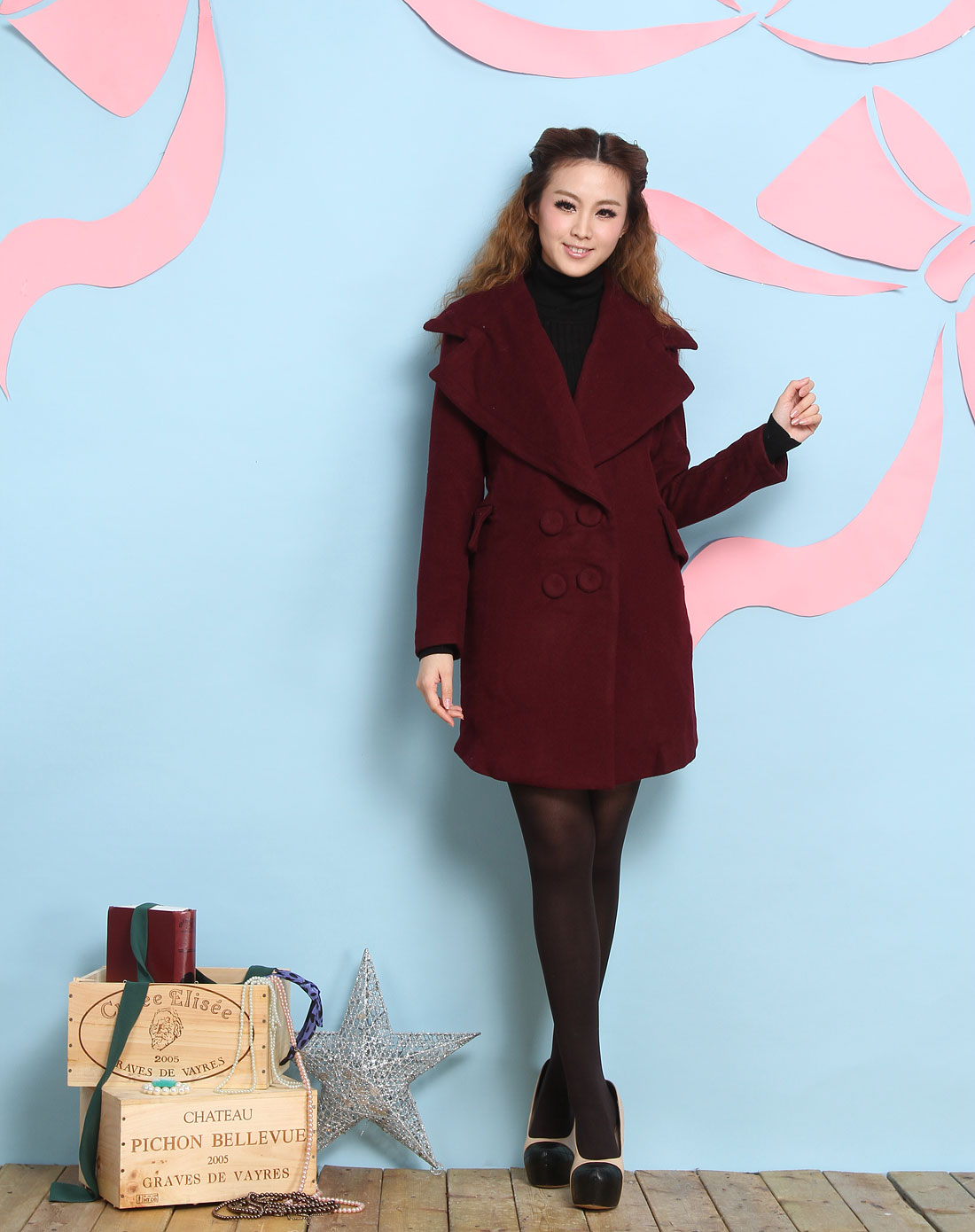 深酒红色双排扣毛呢大翻领长袖外套