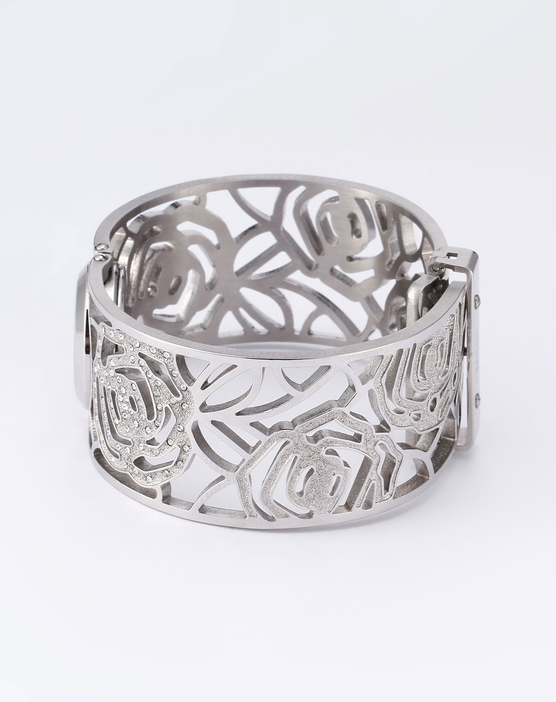 fossil女款银色玫瑰花手镯形闪钻手表