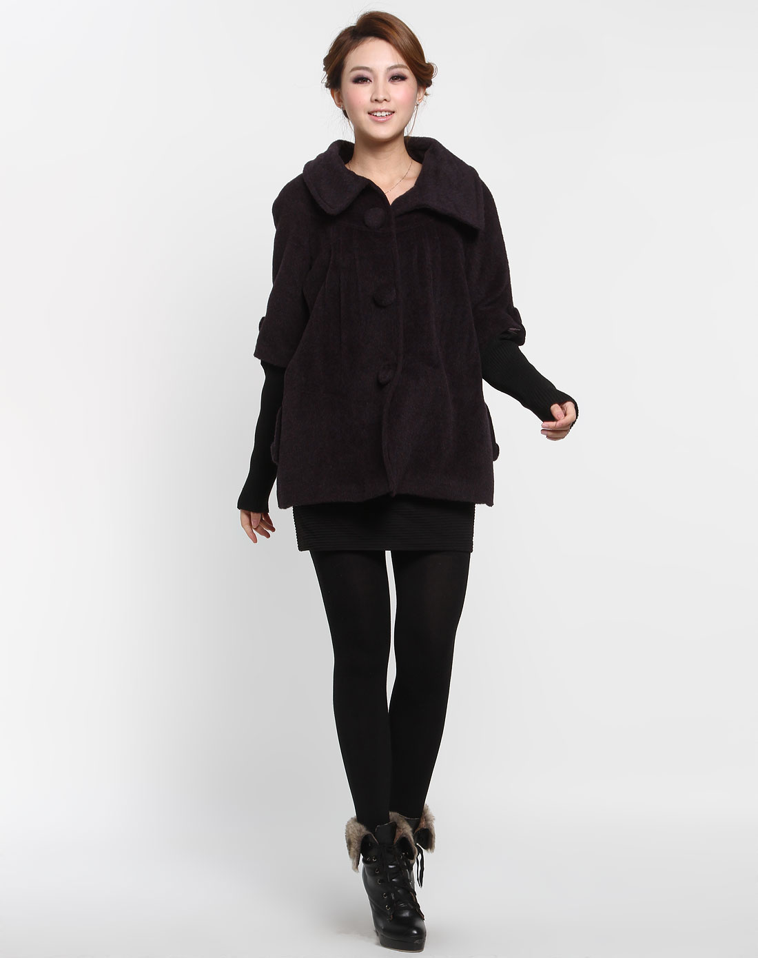 紫黑色翻领高雅假两件长袖大衣