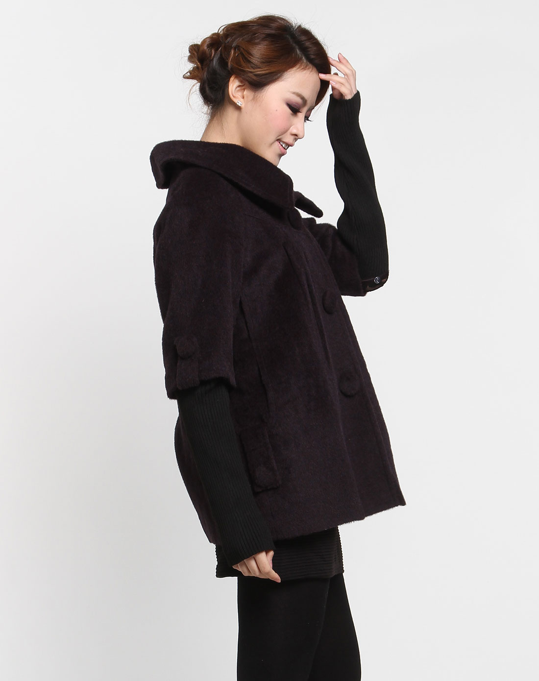 紫黑色翻领高雅假两件长袖大衣