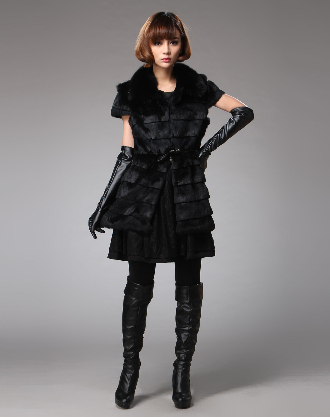 艾奇aiqi皮草专场女款黑色翻领短袖兔毛外套f-003-000001_唯品会