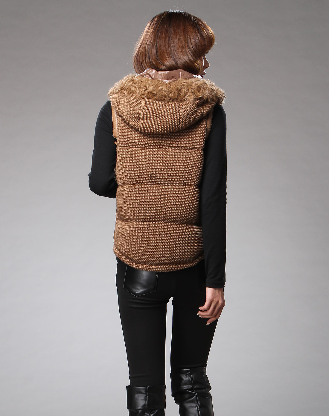 艾奇aiqi皮草专场女款啡色拼接针织帽皮羽绒马甲f-202-001011_唯品会