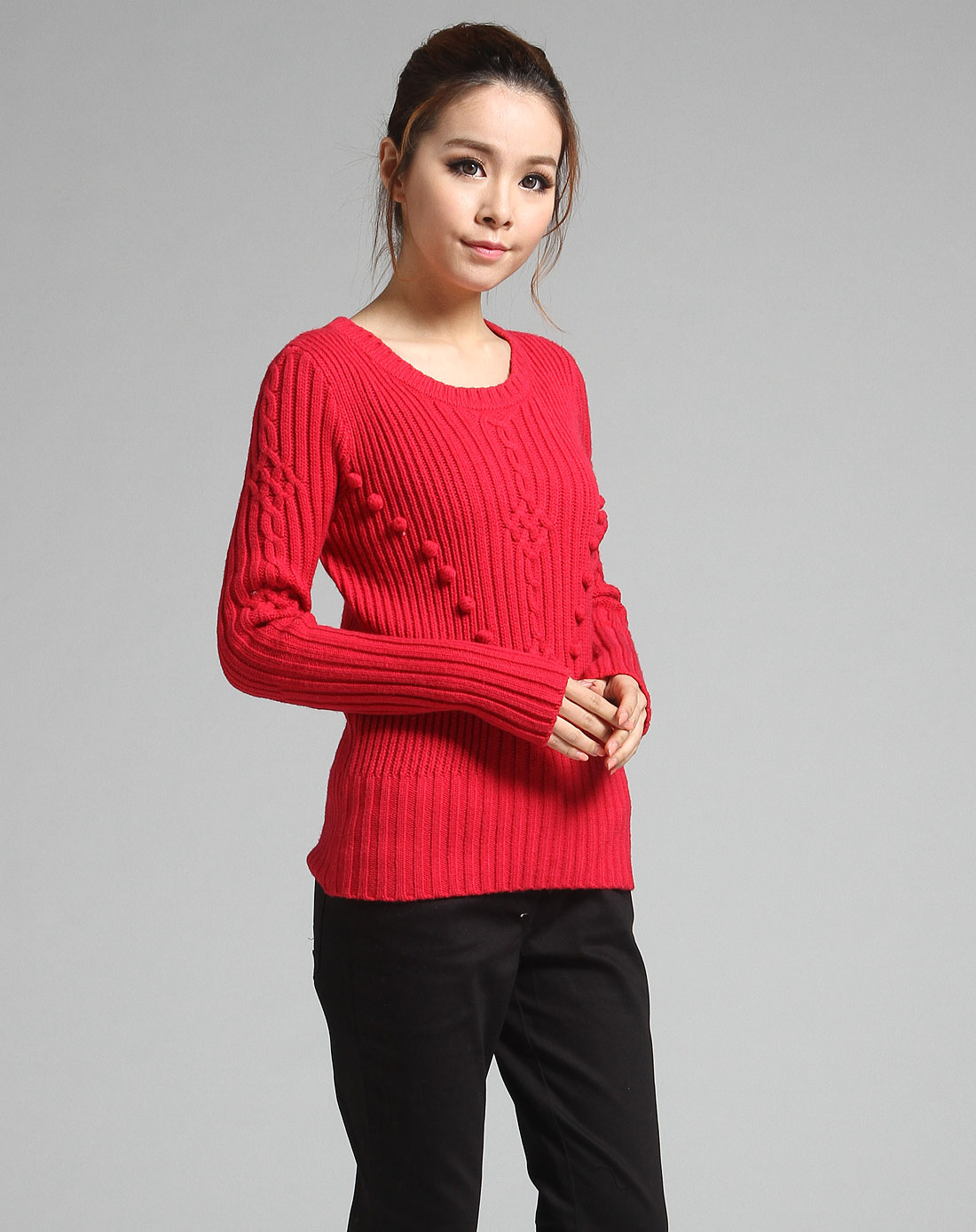 [ 薇娃惟斯 ] 红色提花长袖针织衫