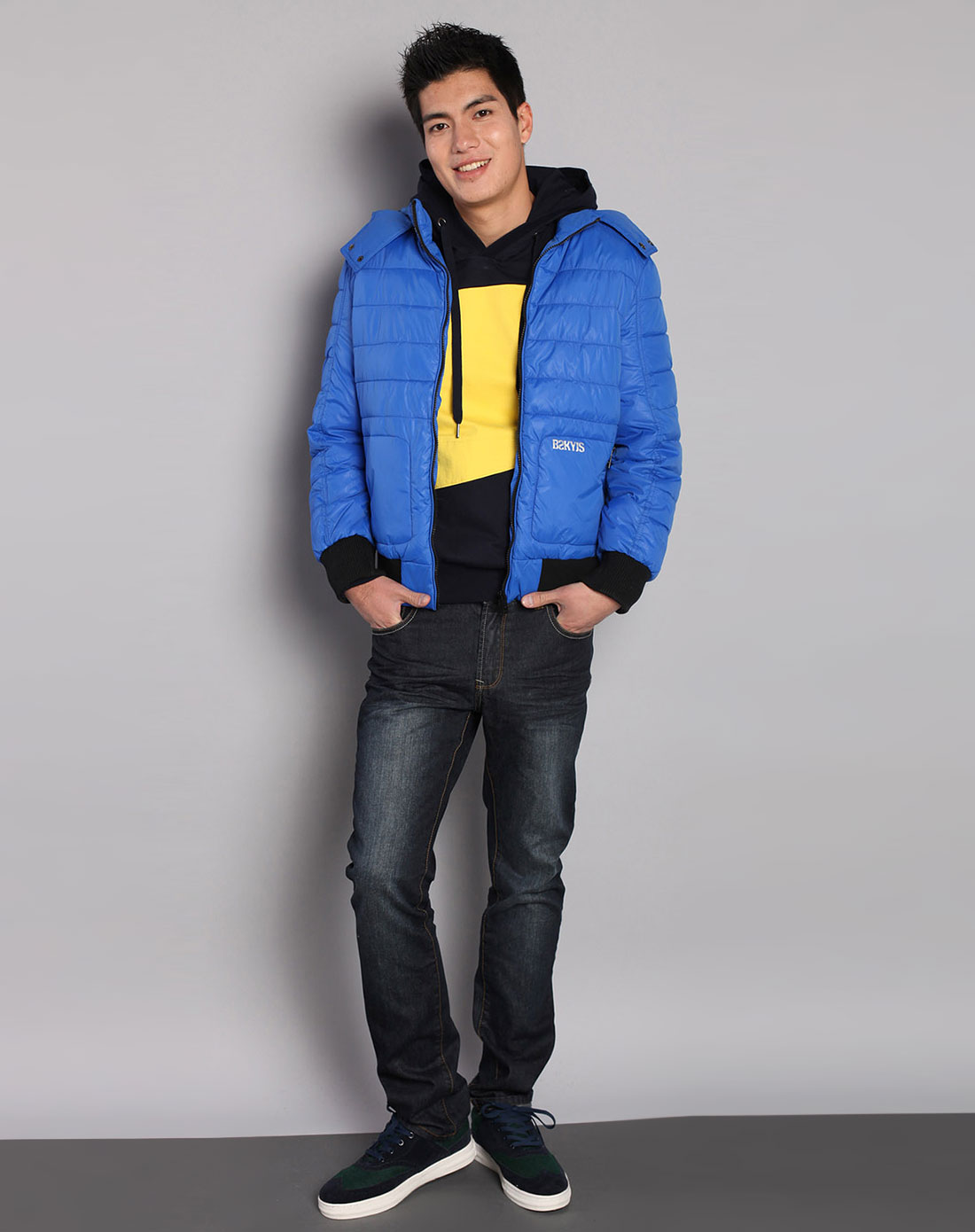 男款亮青蓝色罗纹立领棉服