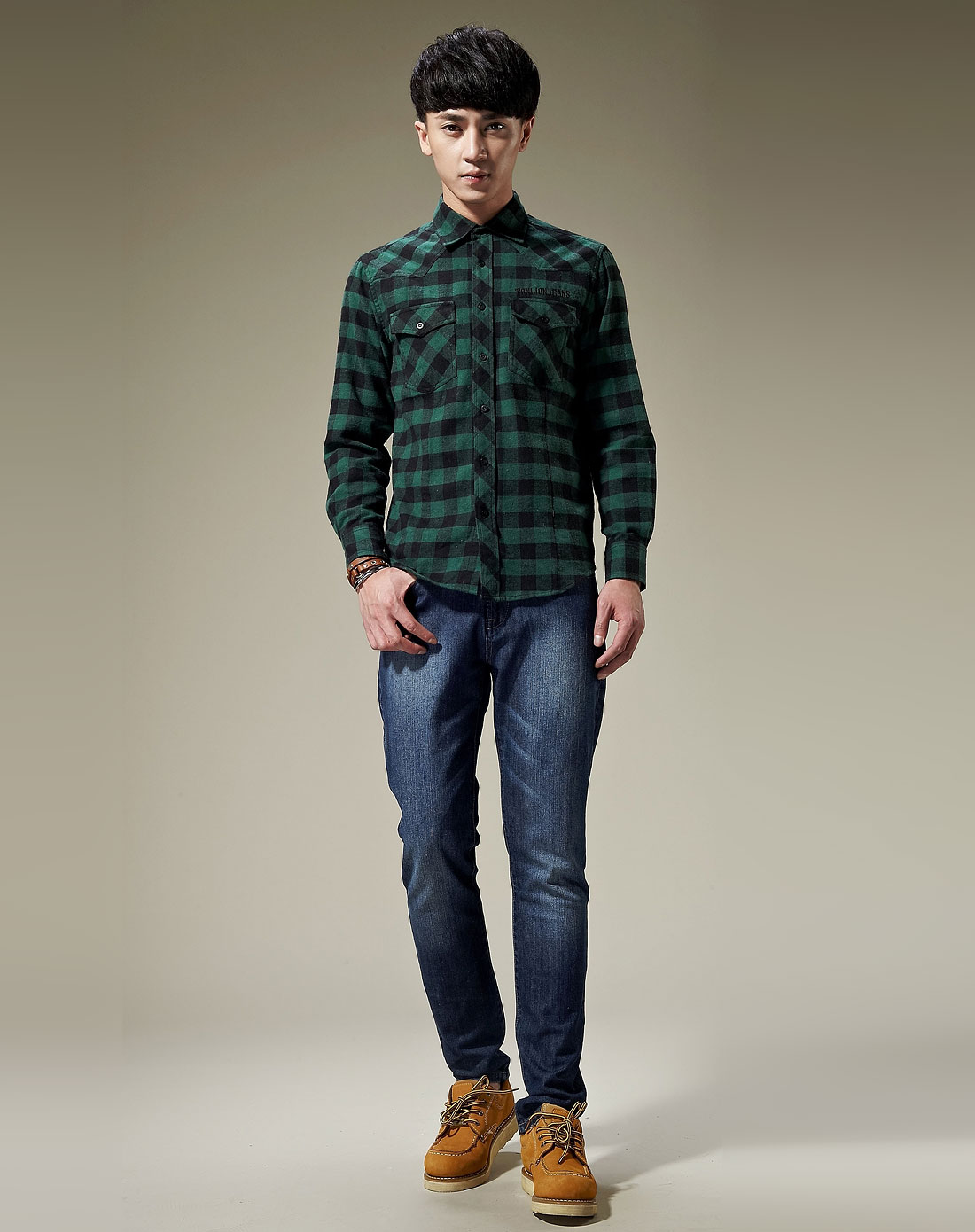 墨绿/黑色格子法兰绒时尚长袖衬衫