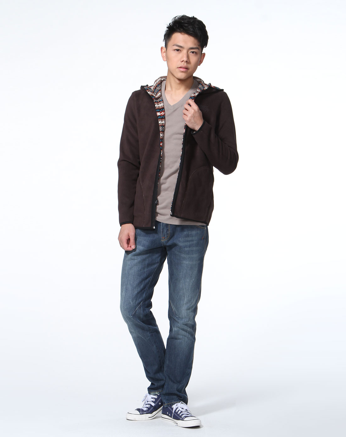 咖啡色摇粒绒两面穿连帽长袖休闲针织外套