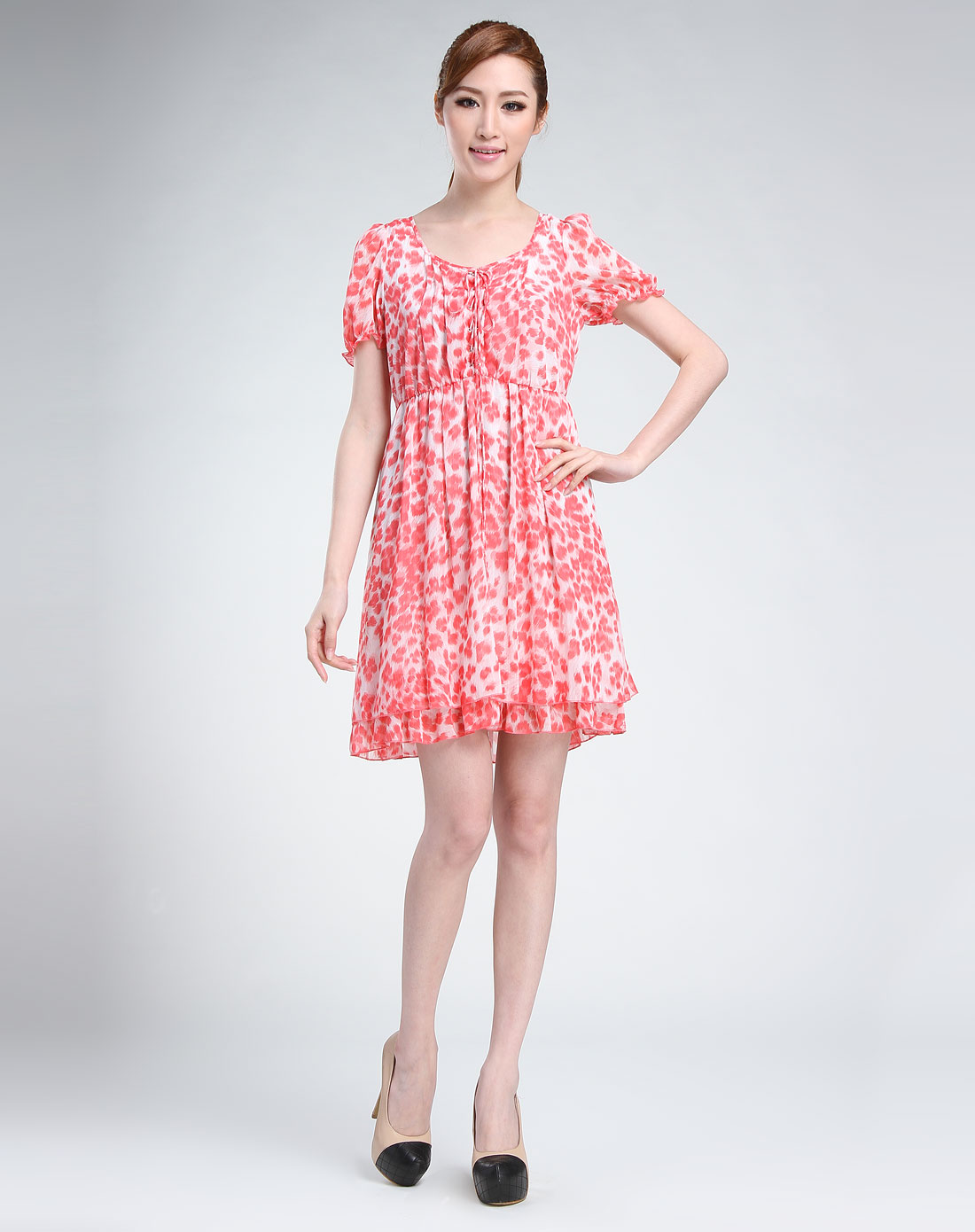 粉红色豹纹印花时尚短袖连衣裙