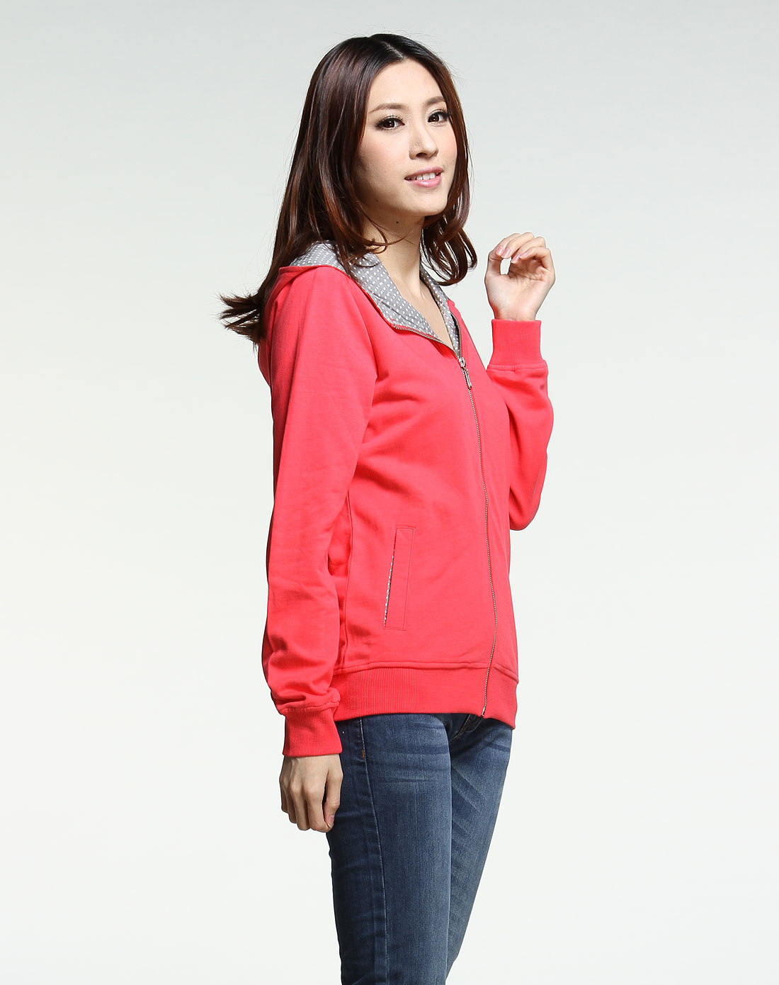 [ 唐狮 ] 女款西瓜红色连帽长袖卫衣外套
