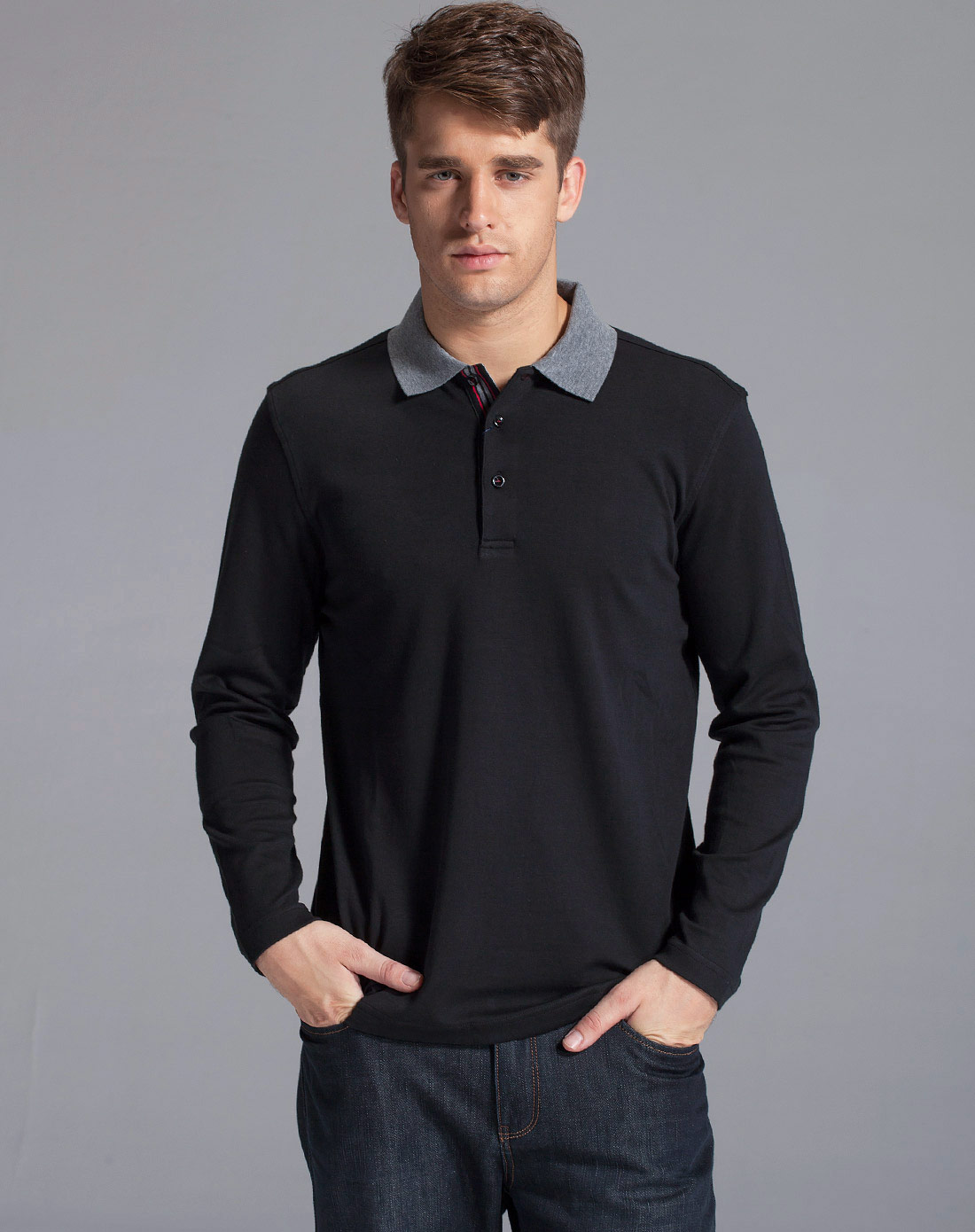 商务休闲黑色纯棉长袖polo衫