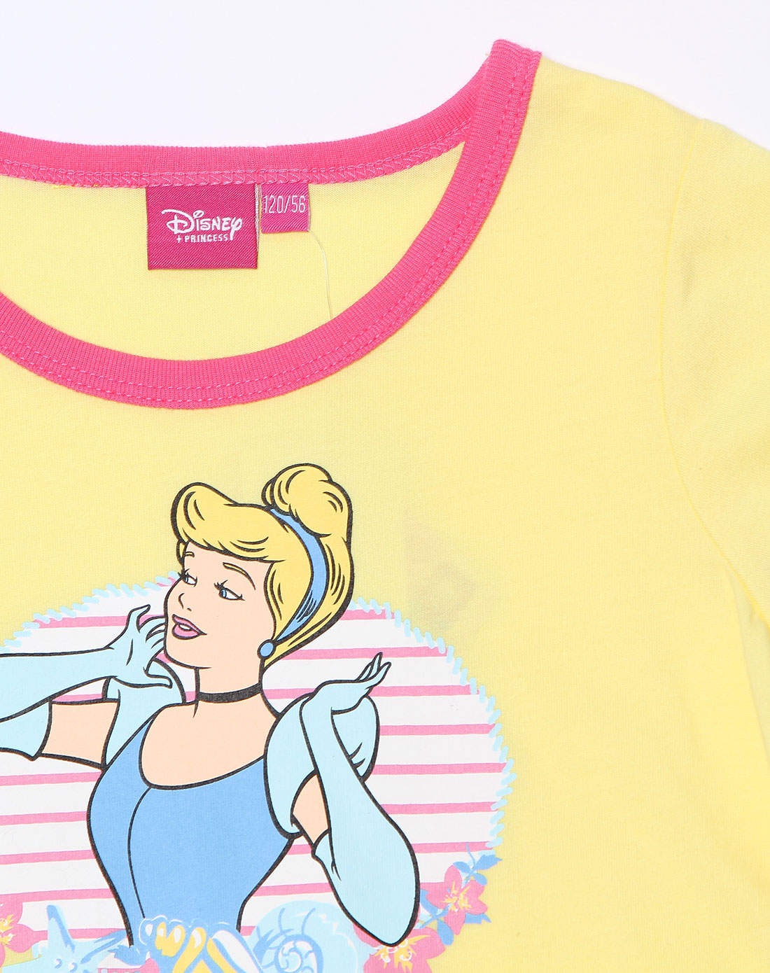> 女童迪士尼仙度瑞拉公主烫印可爱黄色短袖针织衫