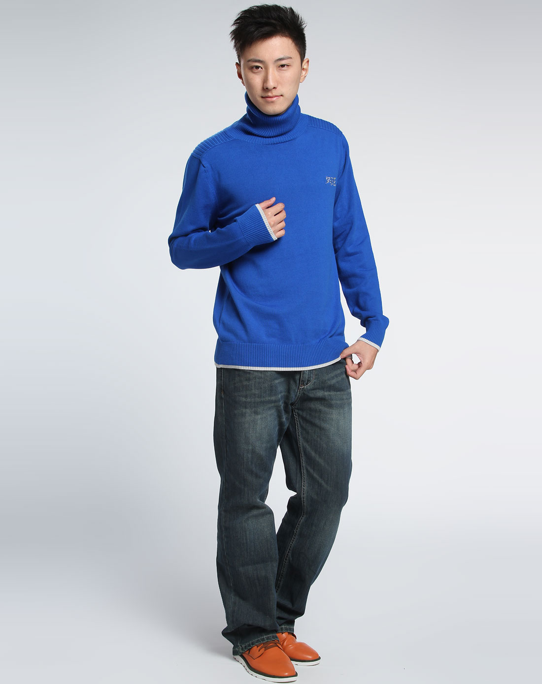 森马-男装男款蓝色休闲高领长袖毛衣