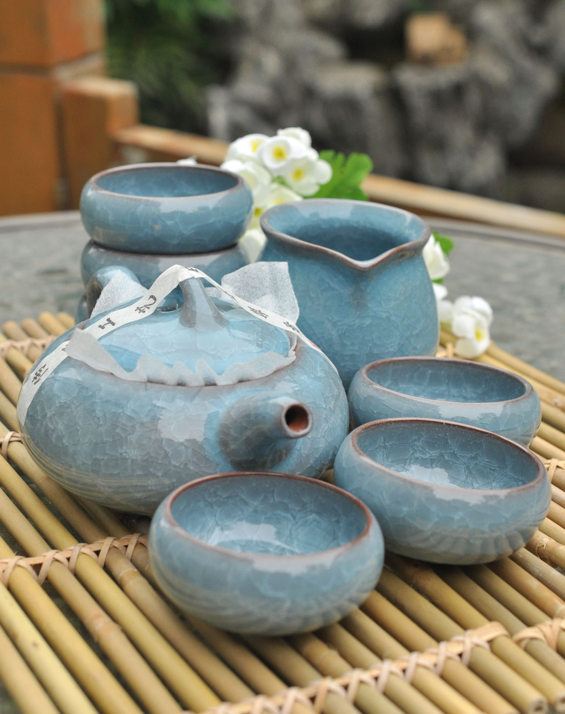 冰裂釉茶具礼盒(八头蓝秞色)