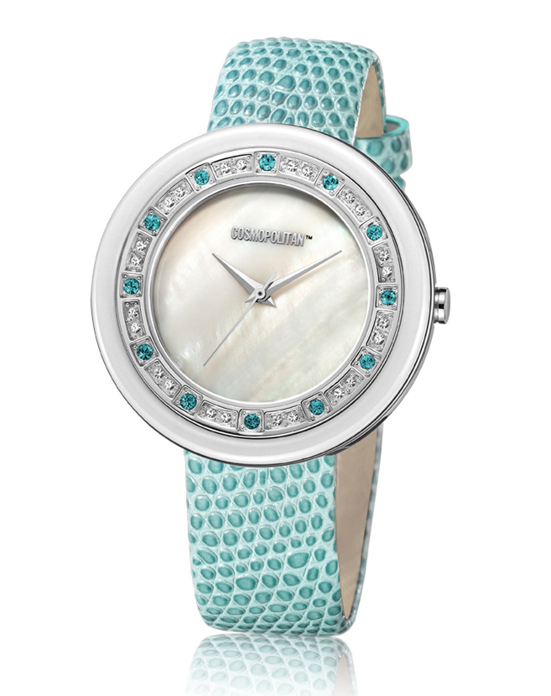 cosmopolitan手表专场-女表水晶玻璃镜面湖水蓝色澳洲圆蛇纹防水皮带