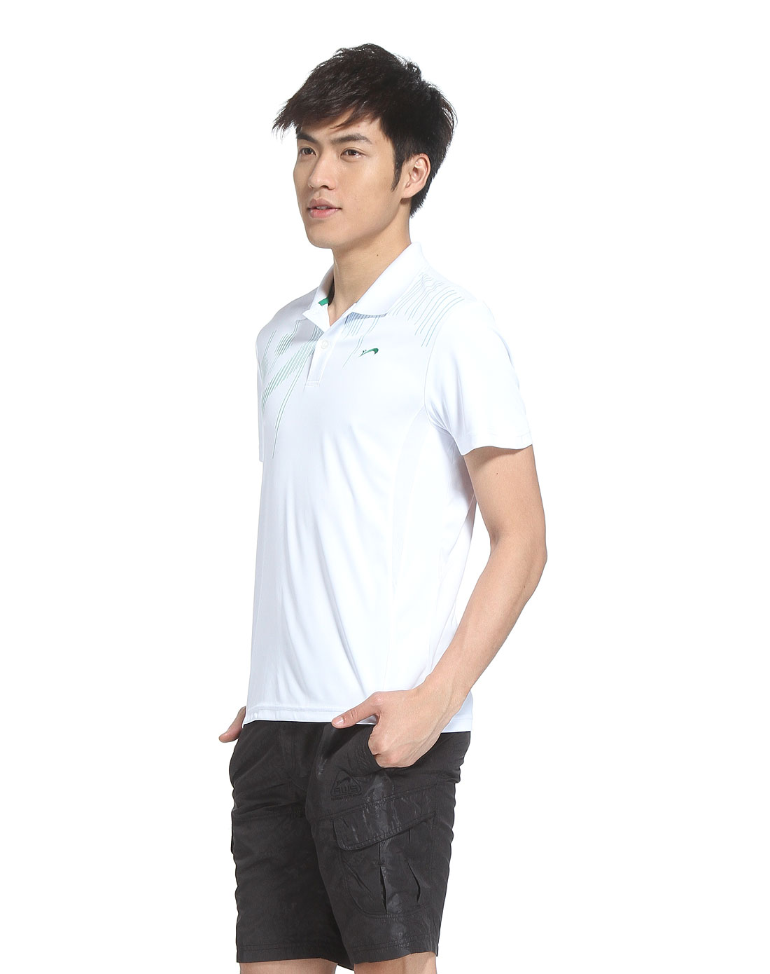 [ 贵人鸟 ] 舒适白底蓝绿色针织翻领短袖t恤