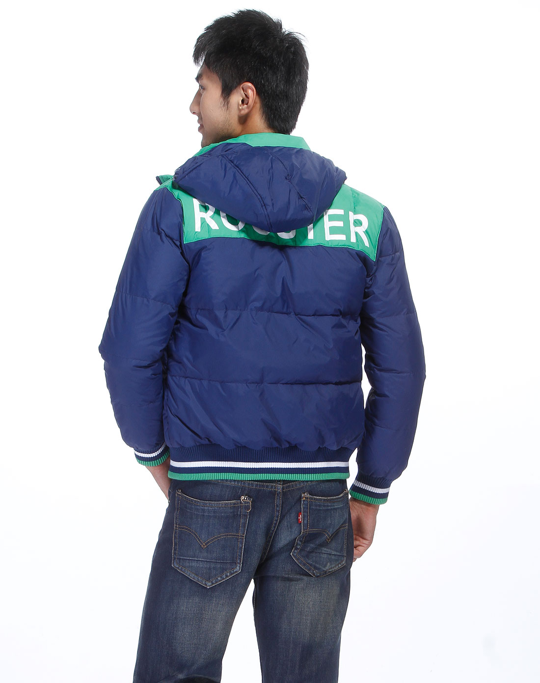 大公鸡bigrooster男装专场海蓝/绿色连帽长袖羽绒服