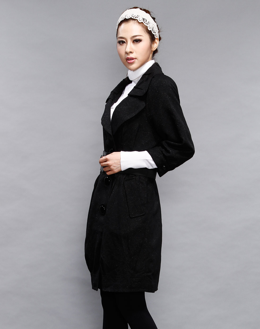 浪漫宣言romansong女装专场-黑色翻领中袖风衣