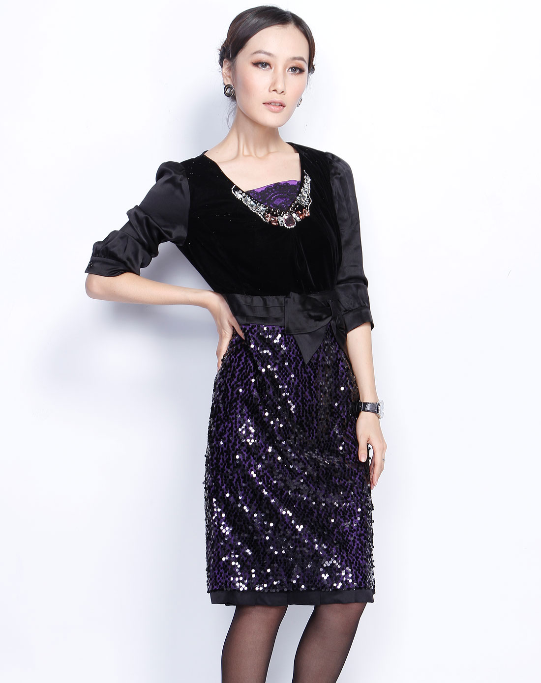 朗姿lancy黑色蕾丝亮片时尚长袖连衣裙