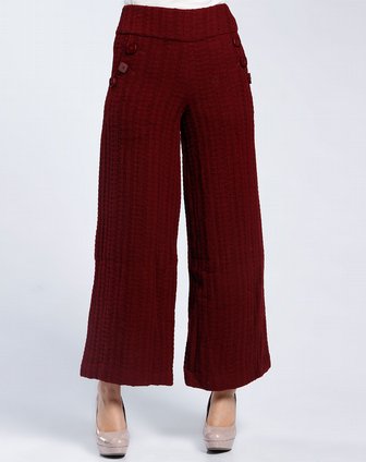 枣红色针织休闲长裤